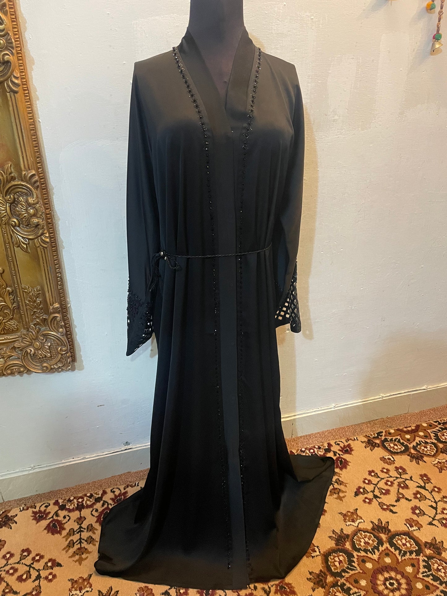 👑 ABAYA ROYALE Emerald TikTok Fabric with Intricate Hand-Embellished Sleeves - 024