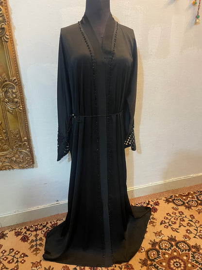 👑 ABAYA ROYALE Emerald TikTok Fabric with Intricate Hand-Embellished Sleeves - 024