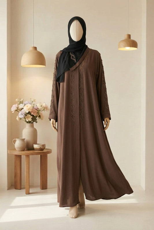 ✨ NOOR ELEGANCE Brown Zoom Abaya with Golden Hand Embellishments & Scarf - 025