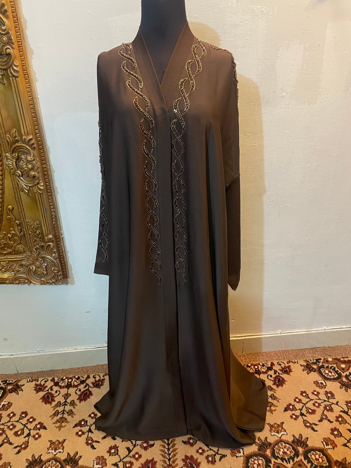 ✨ NOOR ELEGANCE Brown Zoom Abaya with Golden Hand Embellishments & Scarf - 025