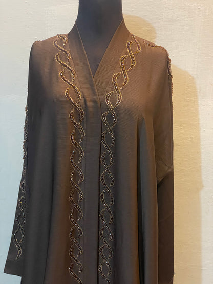 ✨ NOOR ELEGANCE Brown Zoom Abaya with Golden Hand Embellishments & Scarf - 025