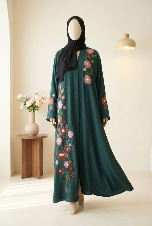 🌸 FLORAL AURA Zoom Nida Abaya with Paper Karhai & Scarf - 026