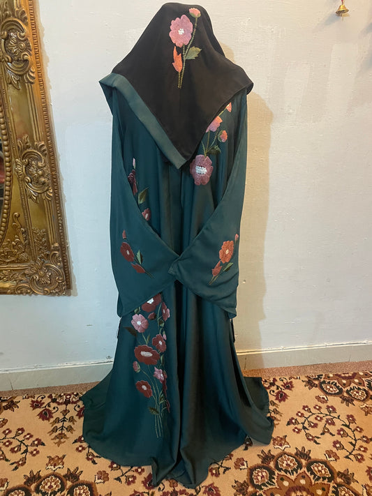🌸 FLORAL AURA Zoom Nida Abaya with Paper Karhai & Scarf - 026