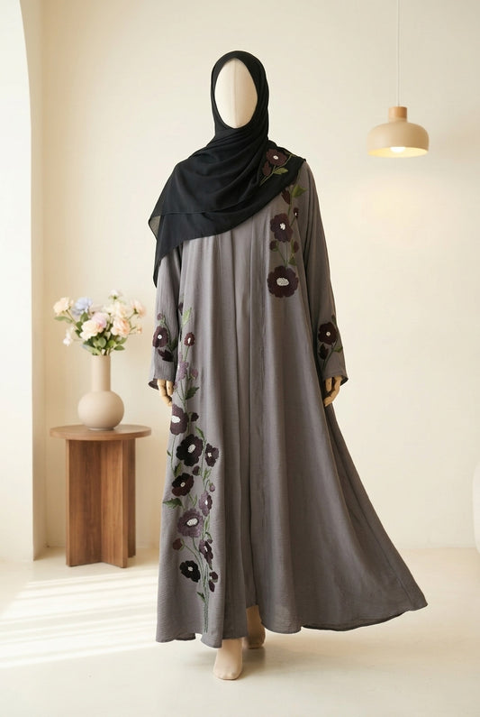 🌸 FLORAL AURA Zoom Nida Abaya with Paper Karhai & Scarf - 027