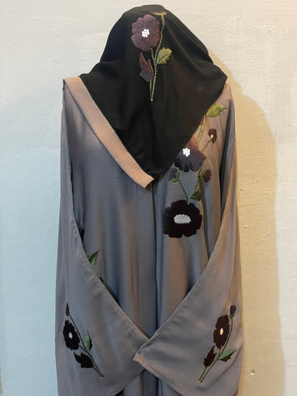 🌸 FLORAL AURA Zoom Nida Abaya with Paper Karhai & Scarf - 027