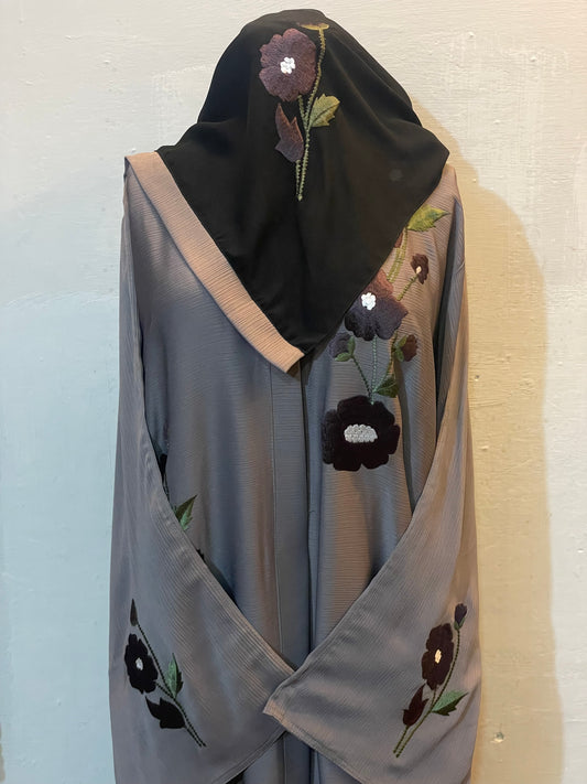 🌸 FLORAL AURA Zoom Nida Abaya with Paper Karhai & Scarf - 027