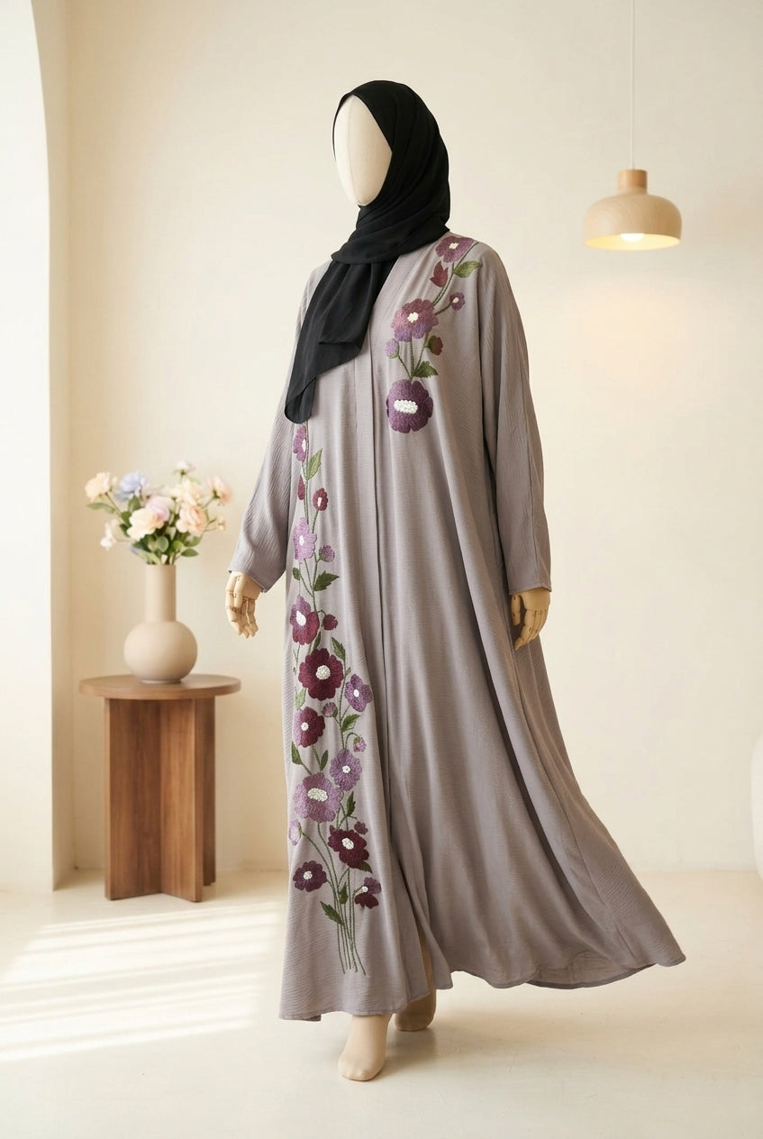 🌸 FLORAL AURA Zoom Nida Abaya with Paper Karhai & Scarf - 028
