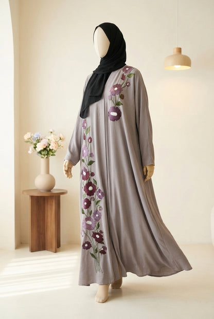 🌸 FLORAL AURA Zoom Nida Abaya with Paper Karhai & Scarf - 028