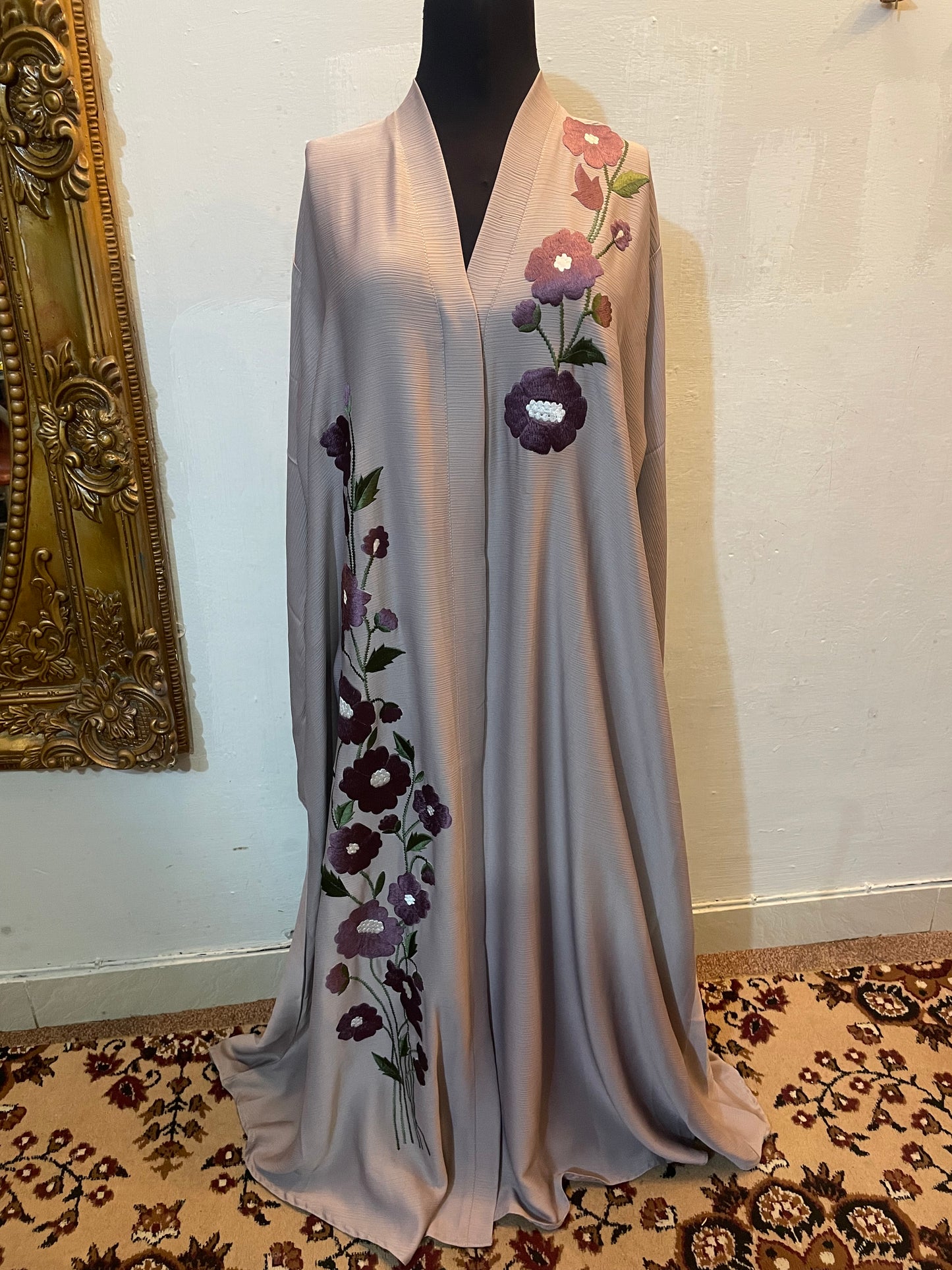 🌸 FLORAL AURA Zoom Nida Abaya with Paper Karhai & Scarf - 028