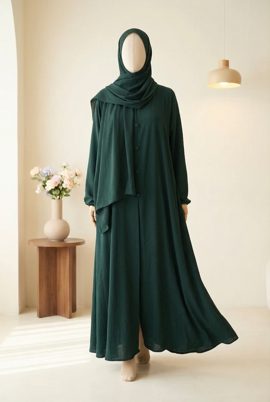 🍃 LIGHT DRAPE Emerald CEY Fabric Abaya with Button Detail & Scarf - 03