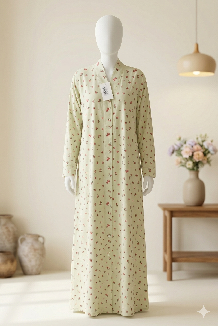 🌿 The Wild Rose Lawn Abaya | Mint & Cream Floral Printed Abaya - 031