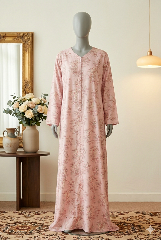 🌊 The Indigo Bloom Lawn Abaya | Pink Floral Printed Abaya - 036