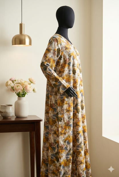 🍑 The Peachy Petal Lawn Abaya | Soft Peach & Coral Floral Printed Abaya - 037