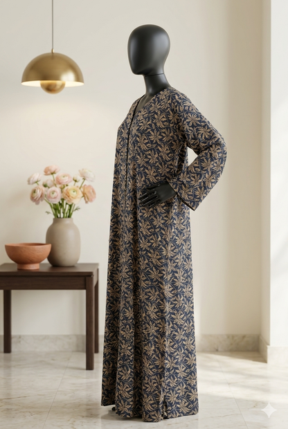 🌪️ The Misty Flora Lawn Abaya | Sage Grey Floral Printed Abaya - 039