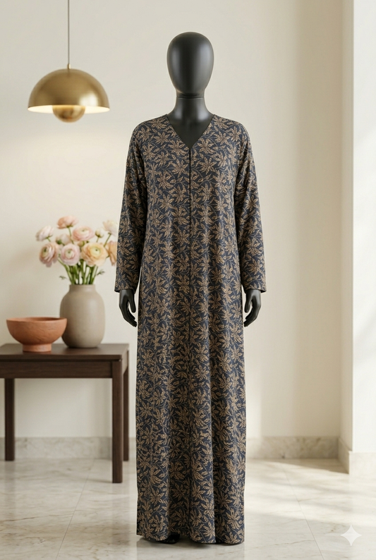 🌪️ The Misty Flora Lawn Abaya | Sage Grey Floral Printed Abaya - 039