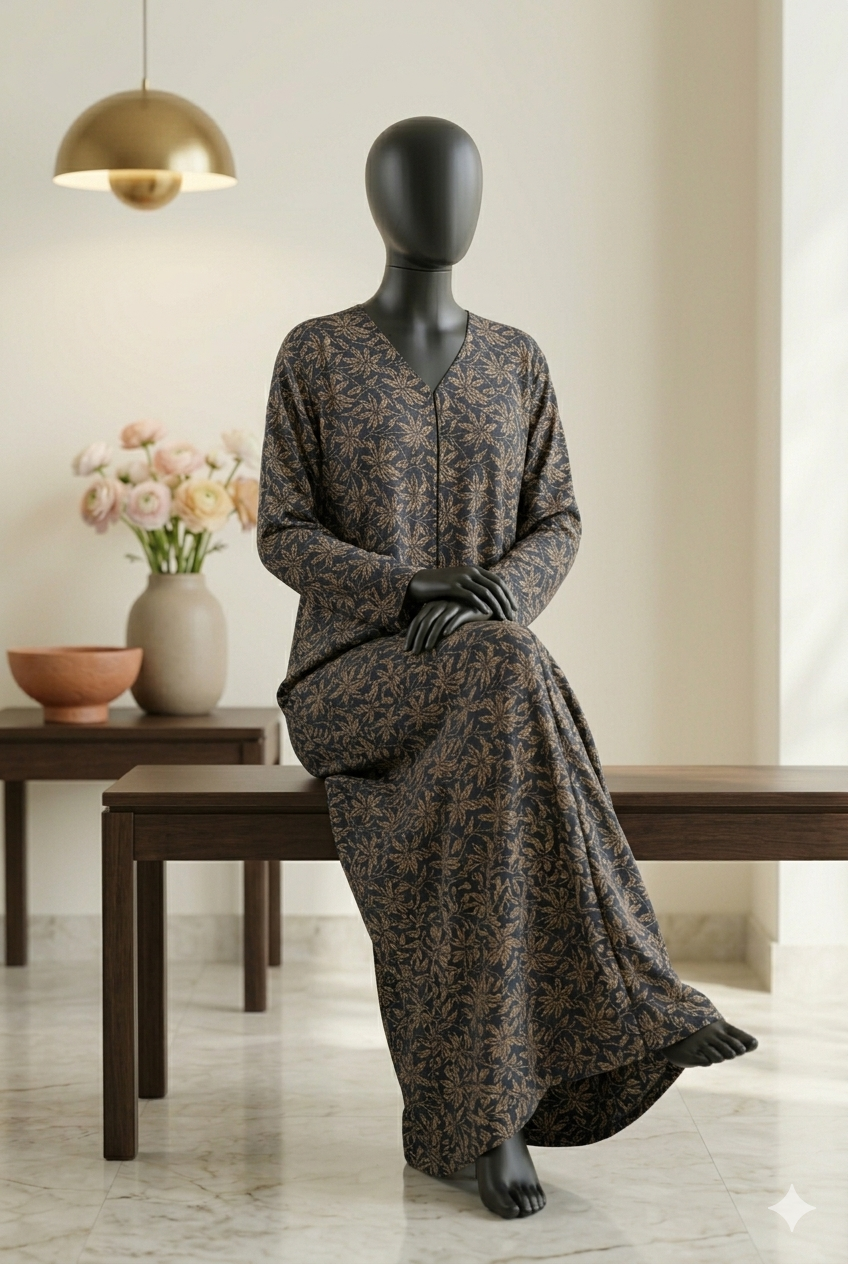 🌪️ The Misty Flora Lawn Abaya | Sage Grey Floral Printed Abaya - 039