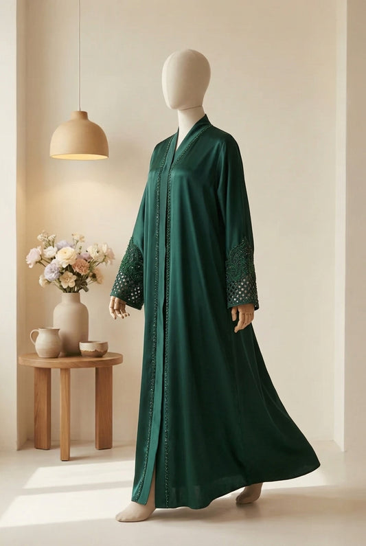 👑 ABAYA ROYALE Emerald TikTok Fabric with Intricate Hand-Embellished Sleeves - 04