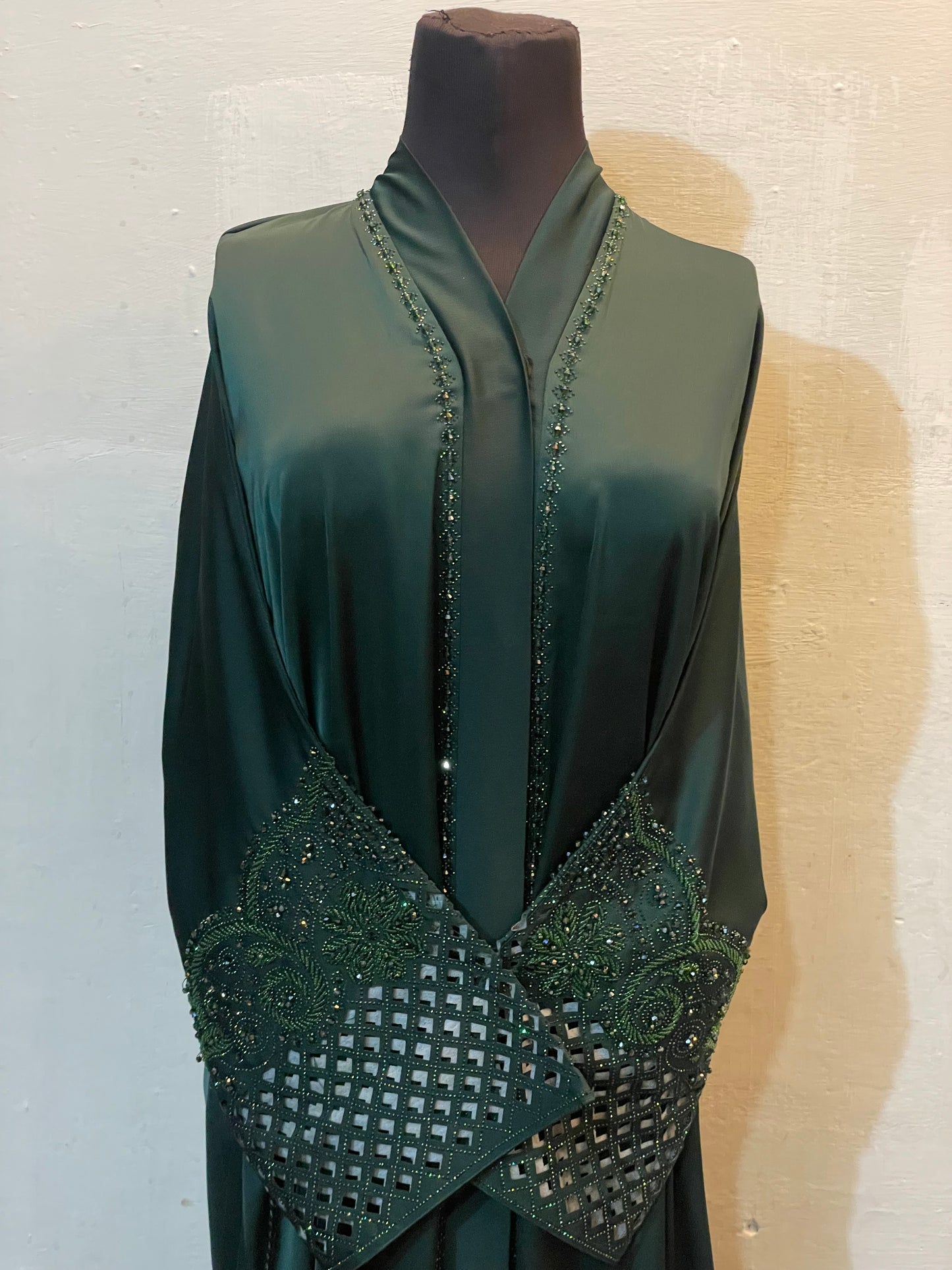 👑 ABAYA ROYALE Emerald TikTok Fabric with Intricate Hand-Embellished Sleeves - 04