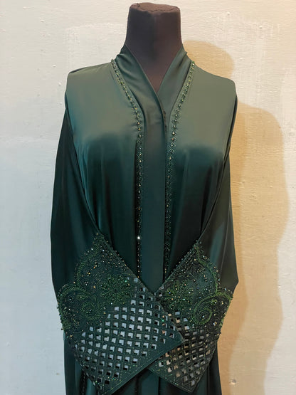 👑 ABAYA ROYALE Emerald TikTok Fabric with Intricate Hand-Embellished Sleeves - 04