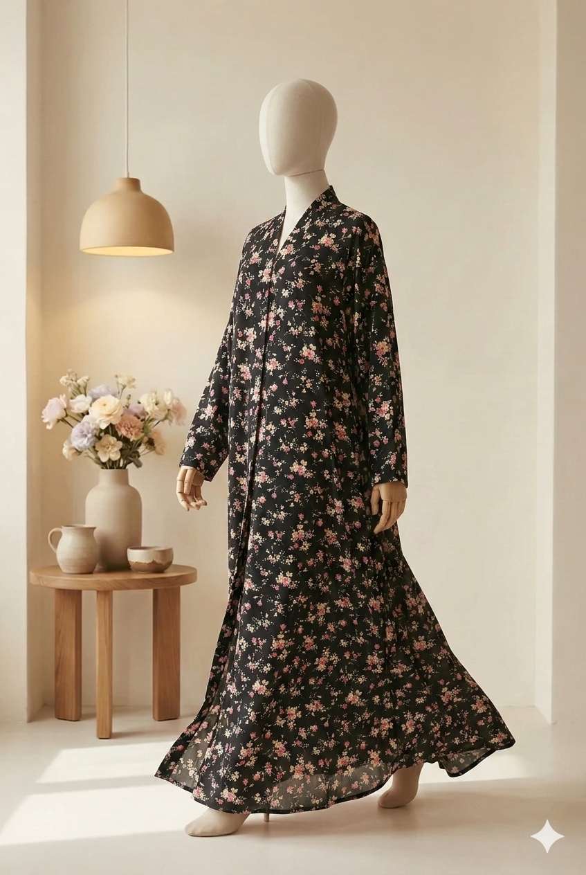 🩶 The Azure Lattice Lawn Abaya | Sky Grey & Pink Floral Printed Abaya 044