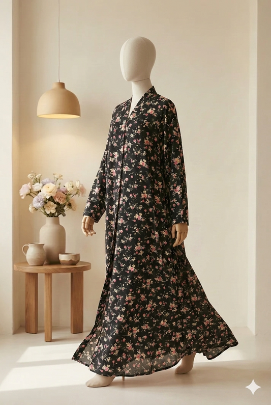 🩶 The Azure Lattice Lawn Abaya | Sky Grey & Pink Floral Printed Abaya 044