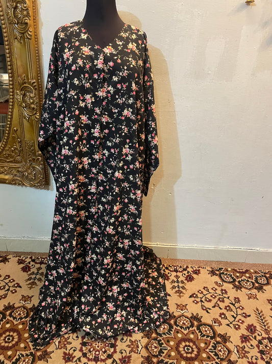 🩶 The Azure Lattice Lawn Abaya | Sky Grey & Pink Floral Printed Abaya 044