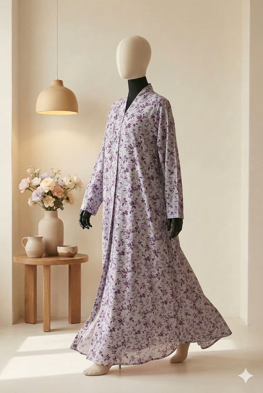 🌊 The Aegean Dream Lawn Abaya | Rich Teal & Marine Floral Printed Abaya 045