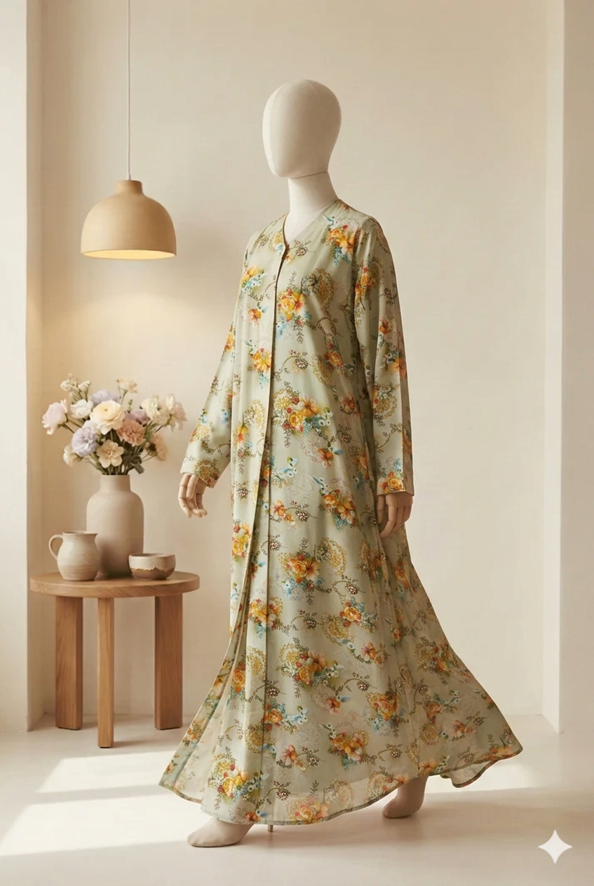 🍃 The Olive Grove Lawn Abaya | Sage & Moss Green Floral Printed Abaya 048