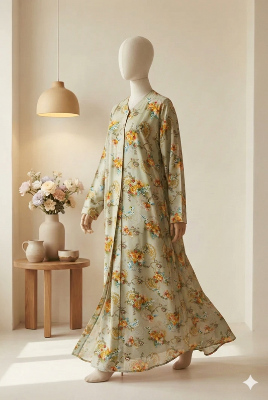 🍃 The Olive Grove Lawn Abaya | Sage & Moss Green Floral Printed Abaya 048
