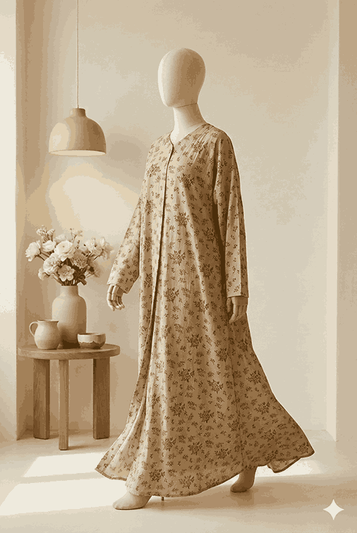 🌸 The Peony Lawn Abaya | Soft Blush & Rose Floral Printed Abaya 049