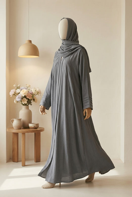 🌲 GREY Pintuck CEY Fabric Abaya with Matching Scarf - D 05