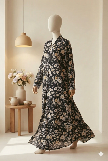 🦋 The Powder Sky Lawn Abaya | Dusty Blue & Pastel Floral Printed Abaya 051
