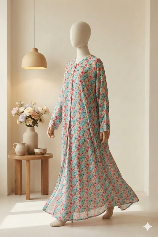 🍒 The Ruby Garden Lawn Abaya | Maroon & White Floral Printed Abaya 052