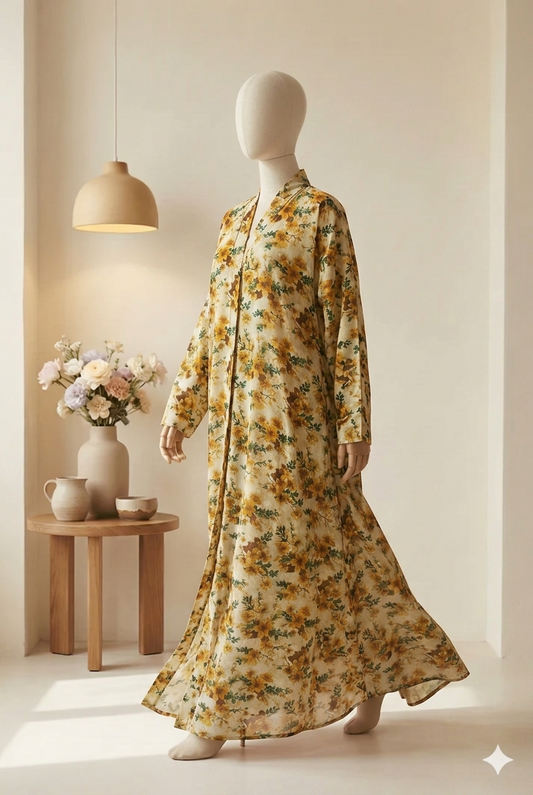🪵 The Earthy Bloom Lawn Abaya | Walnut Brown & Cream Floral Printed Abaya 054