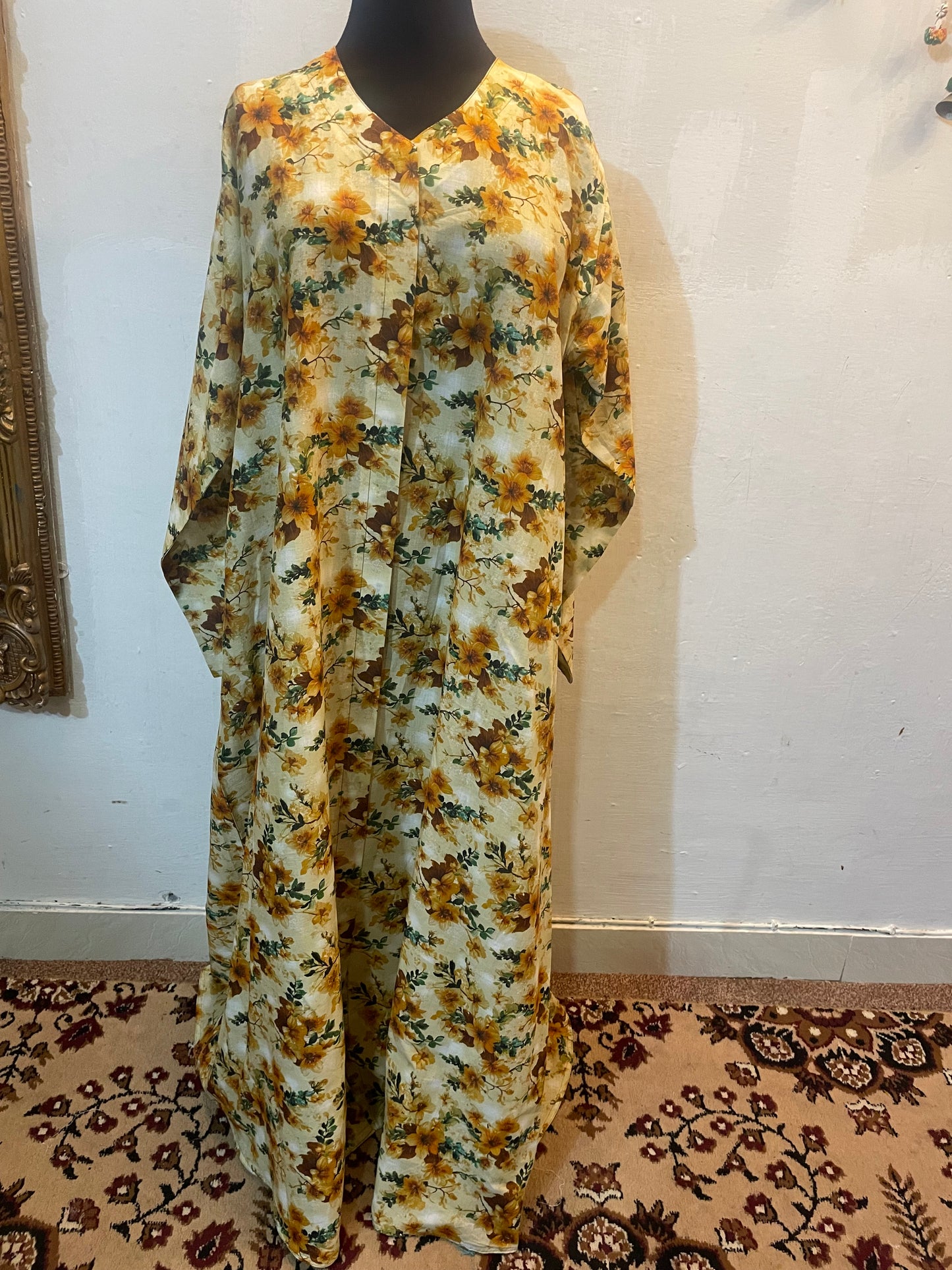 🪵 The Earthy Bloom Lawn Abaya | Walnut Brown & Cream Floral Printed Abaya 054