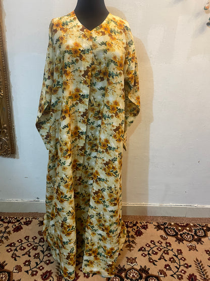 🪵 The Earthy Bloom Lawn Abaya | Walnut Brown & Cream Floral Printed Abaya 054
