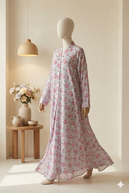 🍇 The Plum Petal Lawn Abaya | Deep Purple & Lavender Floral Printed Abaya 056