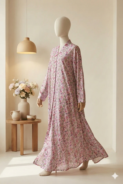 🪵 The Cedar Bloom Lawn Abaya | Rust Brown & Cream Floral Printed Abaya 057