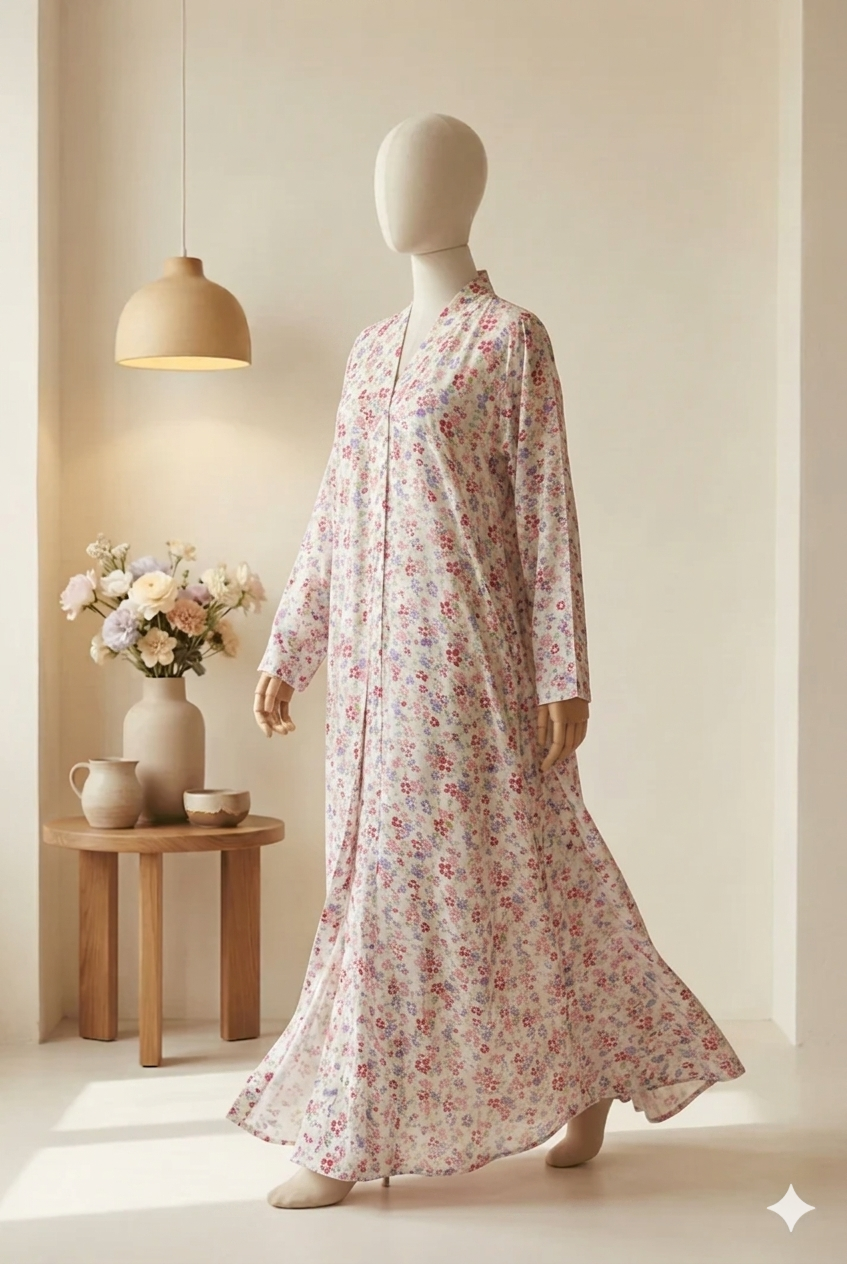 🌿 The Forest Fern Lawn Abaya | Emerald Green & Olive Floral Printed Abaya 059
