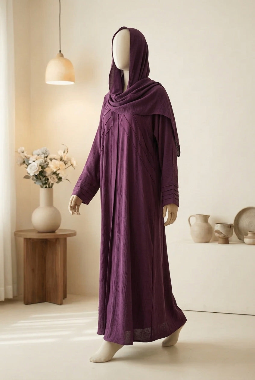 🌲 PURPLE Pintuck CEY Fabric Abaya with Matching Scarf - D 06