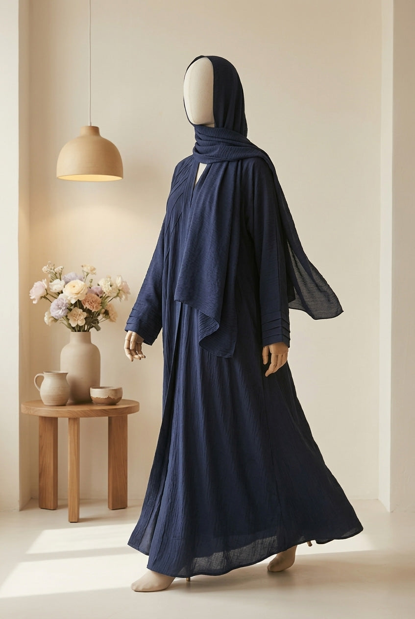 🌲 BLUE Pintuck CEY Fabric Abaya with Matching Scarf - D 08