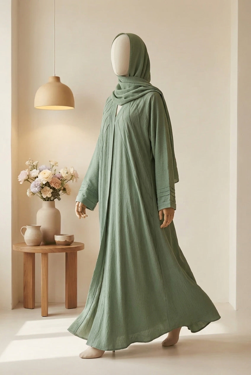 🌲 LIGHT GREEN Pintuck CEY Fabric Abaya with Matching Scarf - D 09