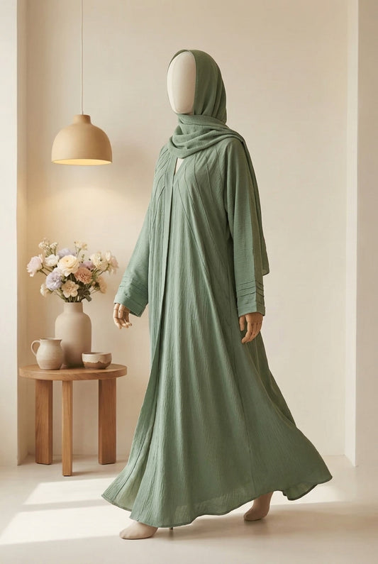 🌲 LIGHT GREEN Pintuck CEY Fabric Abaya with Matching Scarf - D 09