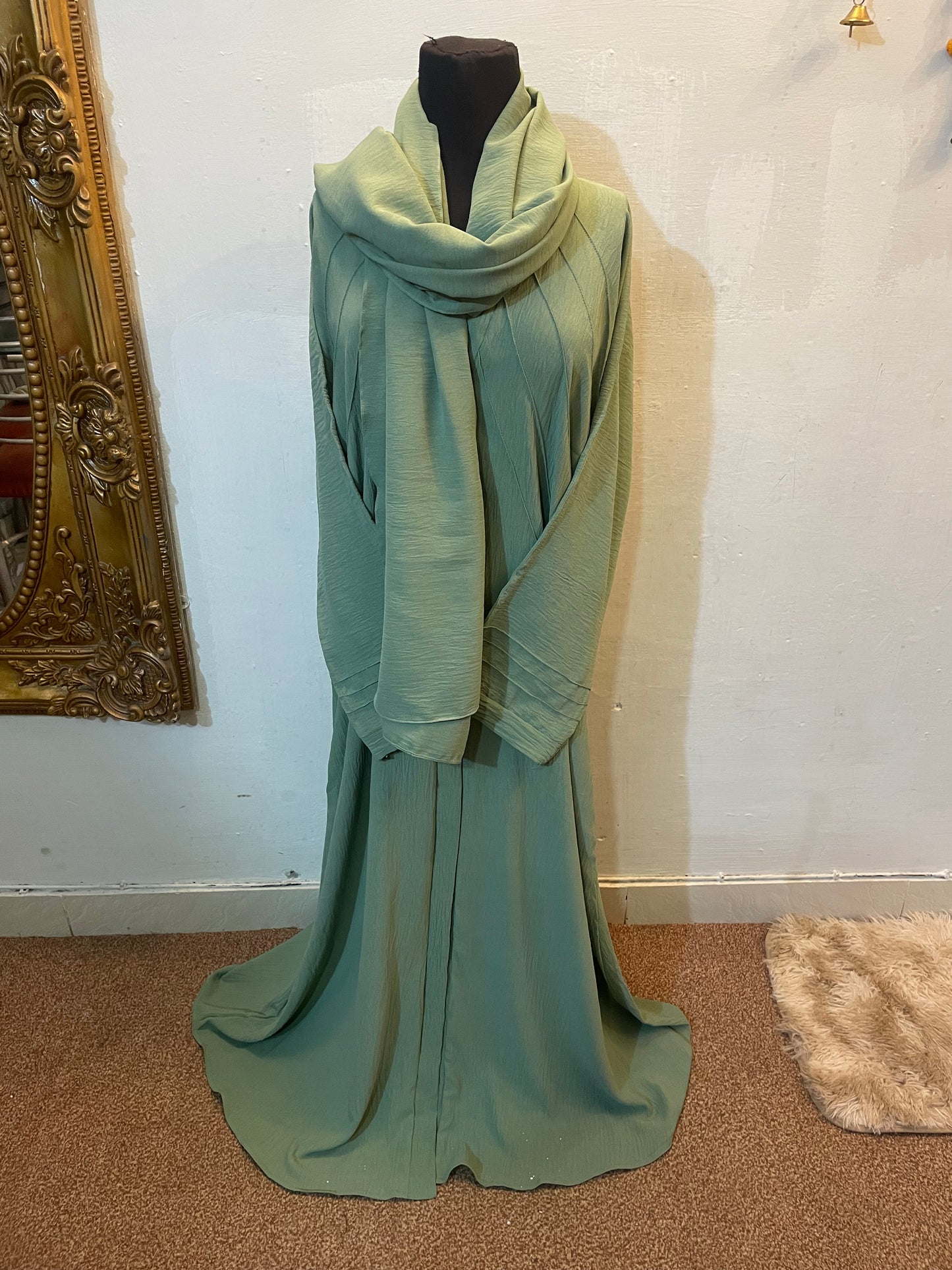 🌲 LIGHT GREEN Pintuck CEY Fabric Abaya with Matching Scarf - D 09