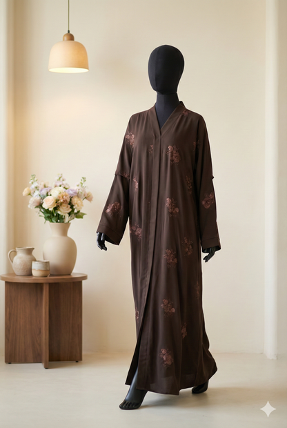 🌸 Bareez – All-Over Embroidered Mauve Abaya in Soft Nida Fabric