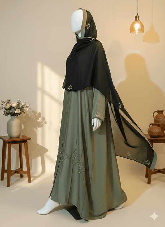 Front Pleated Zoom Fabric Abaya with Stone Work & Matching Scarf – Size 58