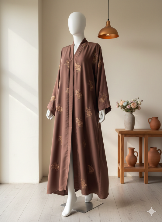🌸 Bareez – All-Over Embroidered Mauve Abaya in Soft Nida Fabric