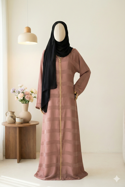 🌸 Blush Mauve Abaya with Front Zipper & Crystal-Detail Scarf