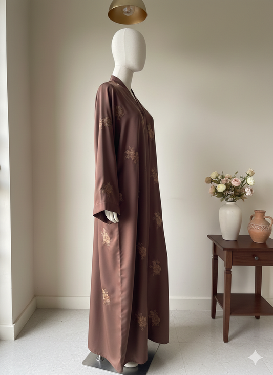 🌸 Bareez – All-Over Embroidered Mauve Abaya in Soft Nida Fabric