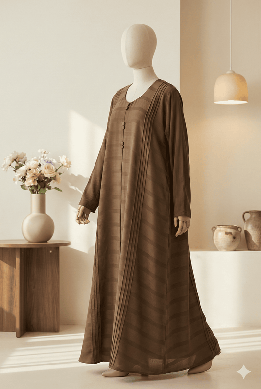 🤎 Brown Front-Pleated Abaya with Box Pleat Design